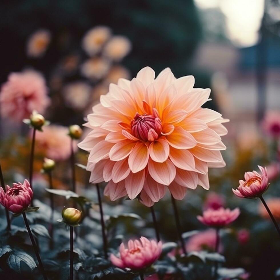 AI generated a blooming flower in a garden with a blurred background of other plants photo