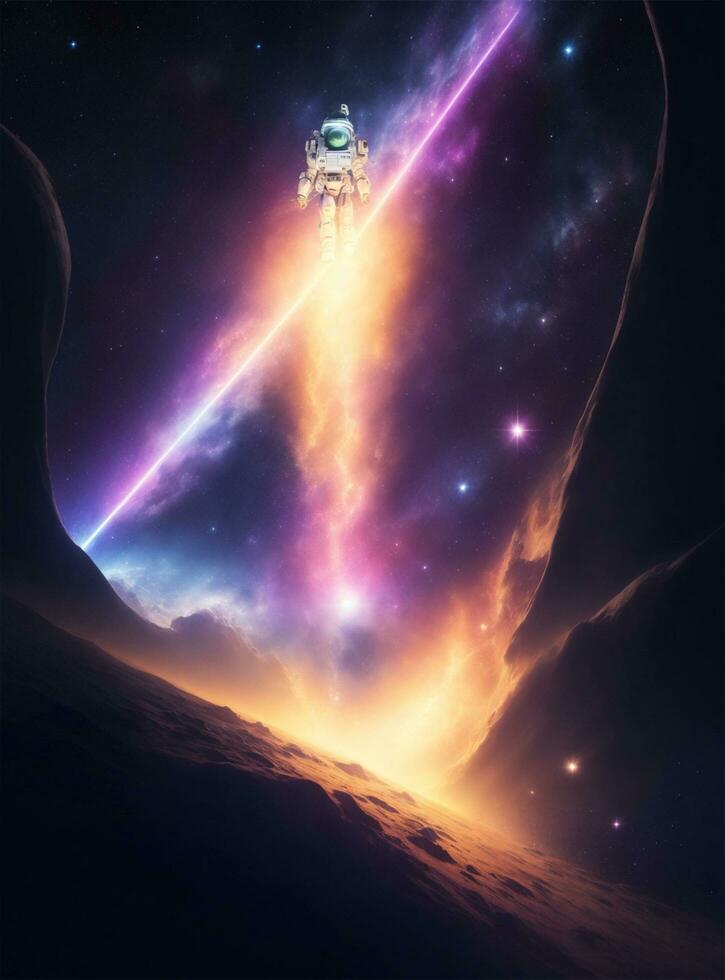 AI generated Light year speed, Astronaut flying in space against the background of the starry sky photo