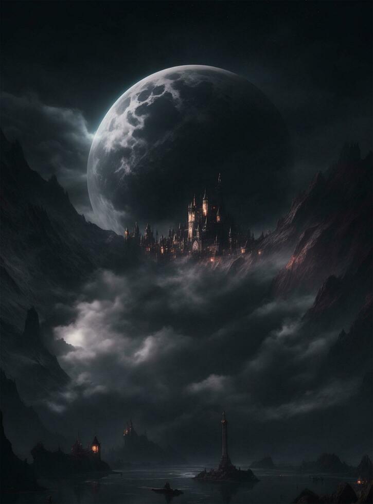 AI generated Dark world Fantasy landscape with full moon and foggy sky. photo