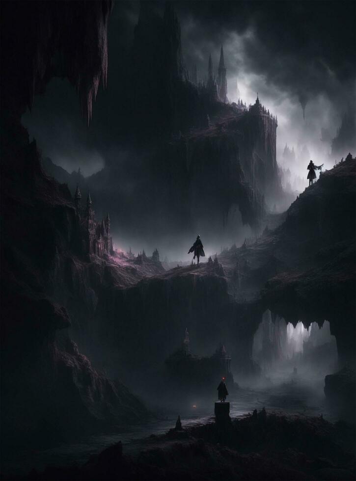 AI generated Dark world Fantasy landscape with full moon and foggy sky. photo