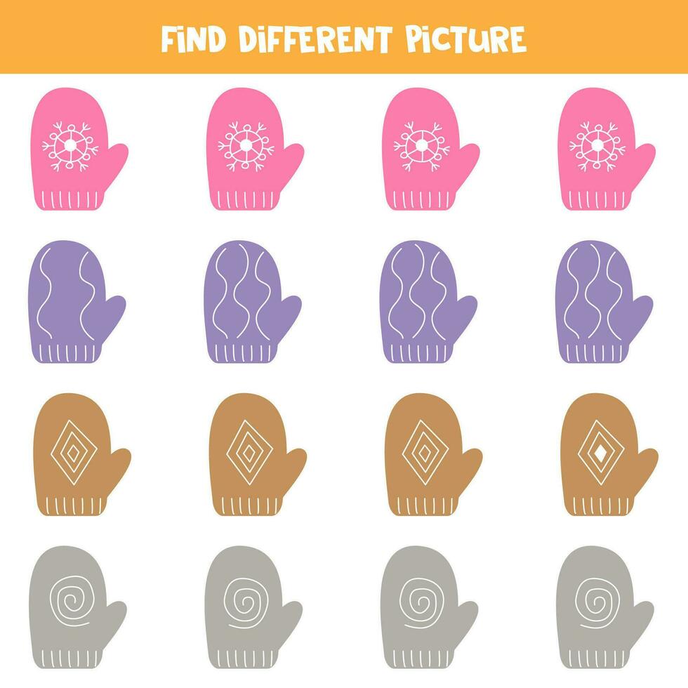 Find different colorful mitten in each row. Logical game for preschool kids. vector