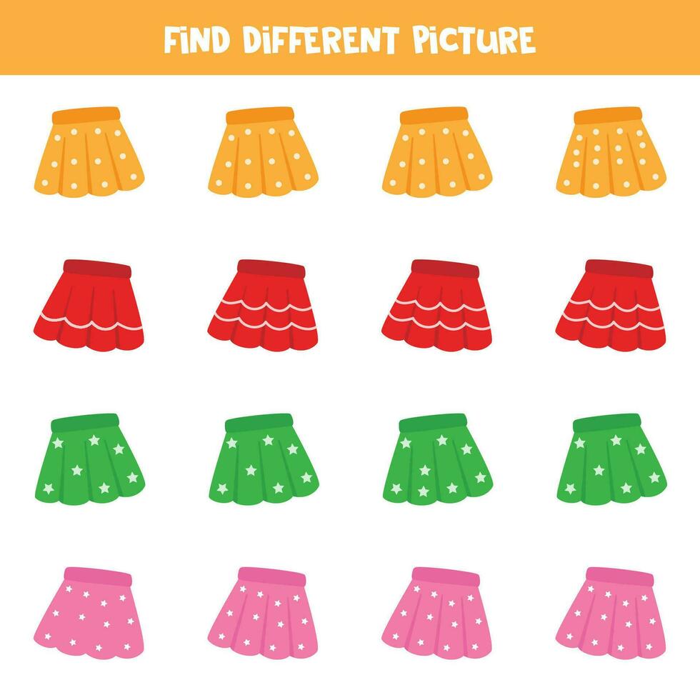 Find different colorful skirt in each row. Logical game for preschool kids. vector