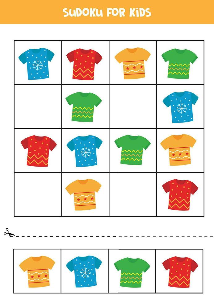 Educational Sudoku game with cute cartoon colorful t shirts. vector