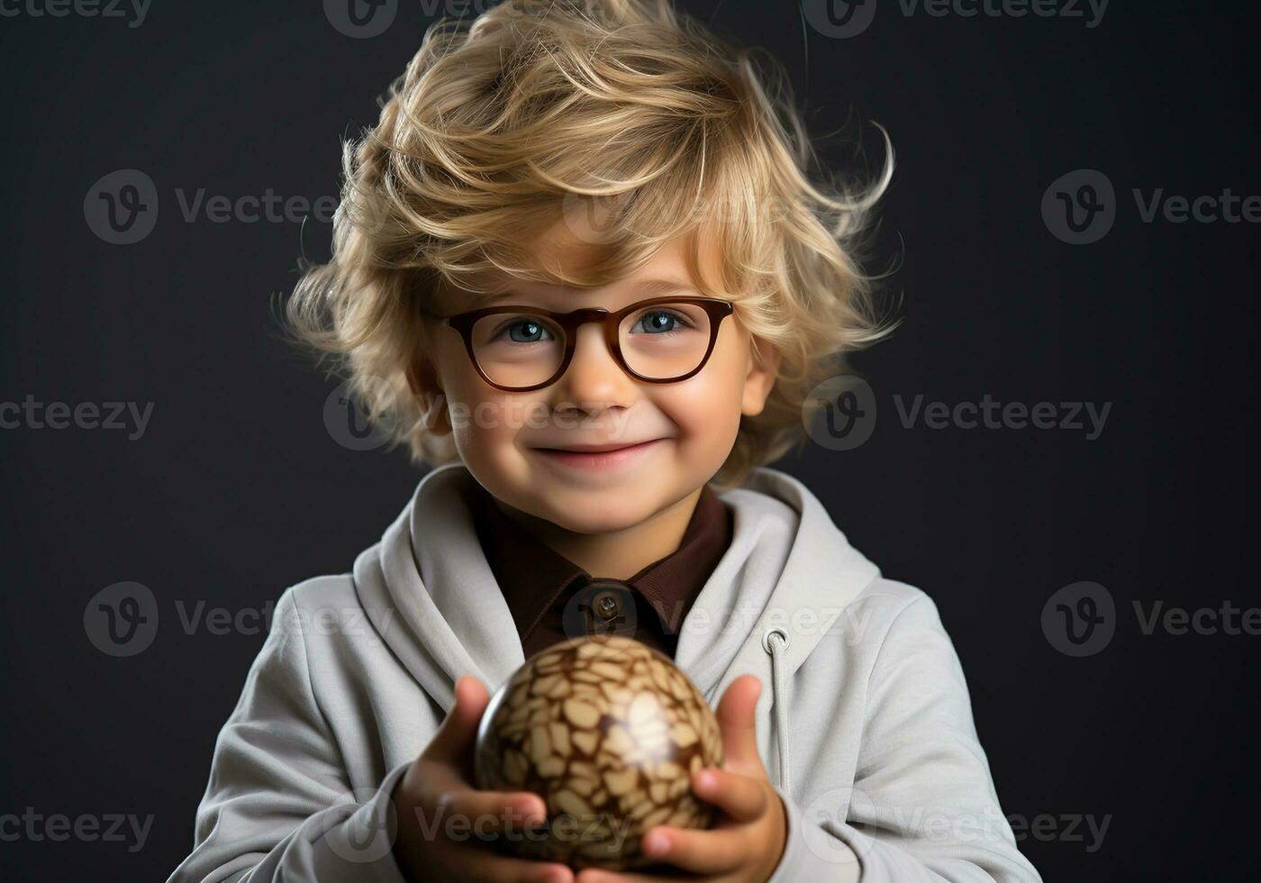 AI generated Child with big chocolate egg in hands. Easter time. photo