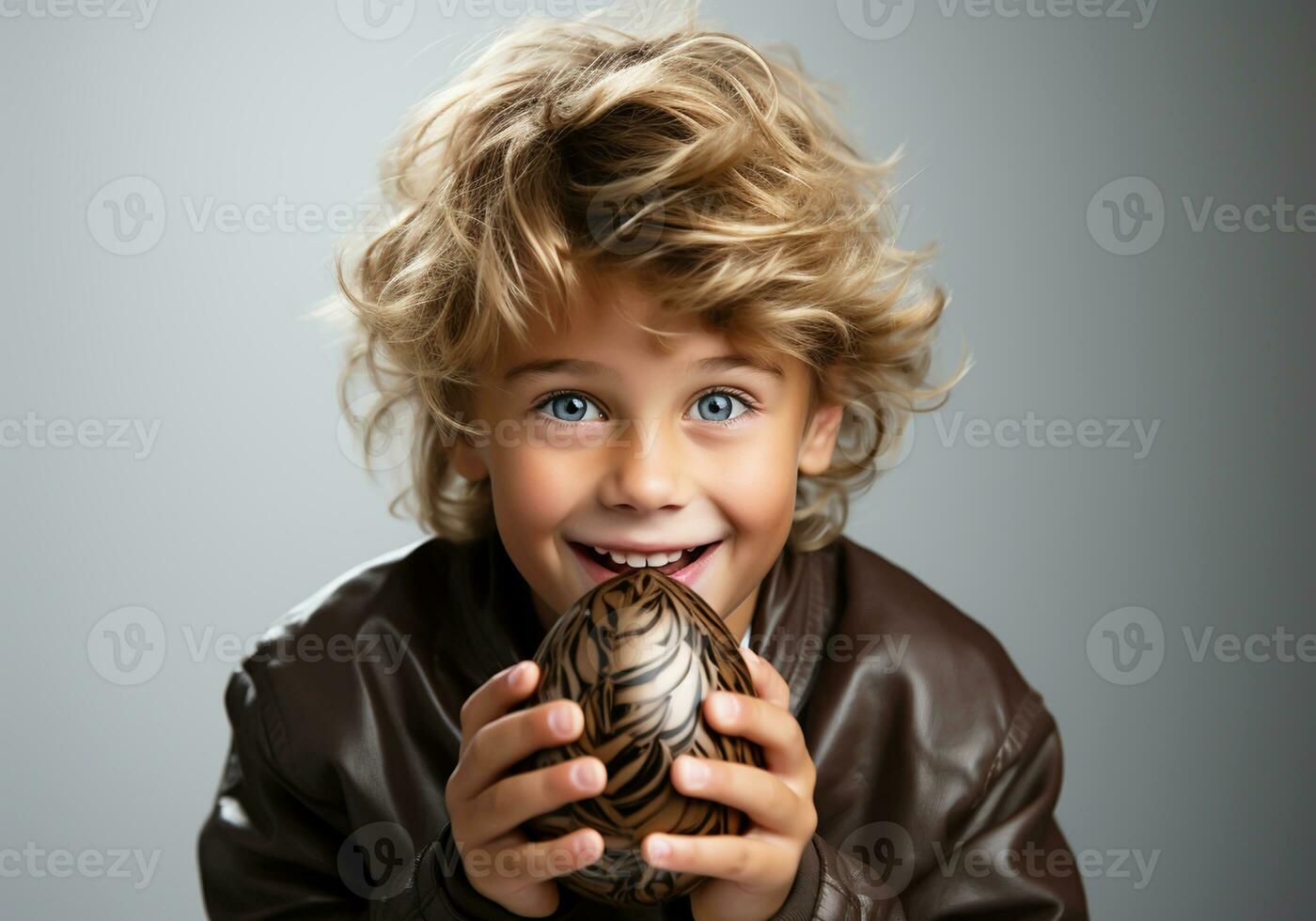 ai generado niño con grande chocolate huevo en manos. Pascua de Resurrección tiempo. foto