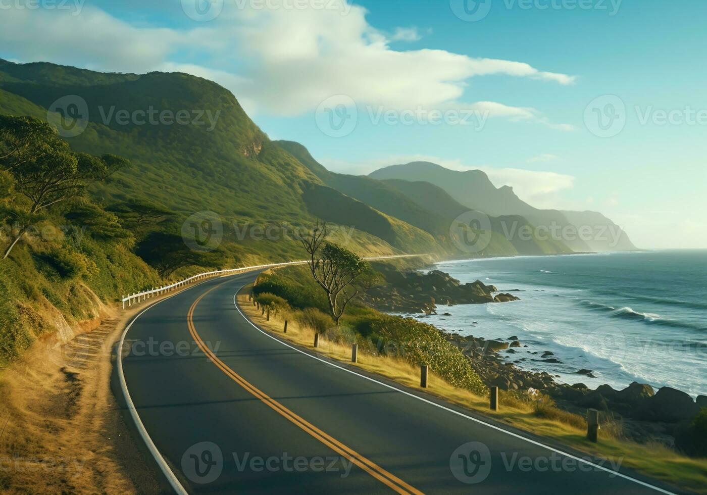 AI generated Road landscape in the mountains, next to the sea. photo