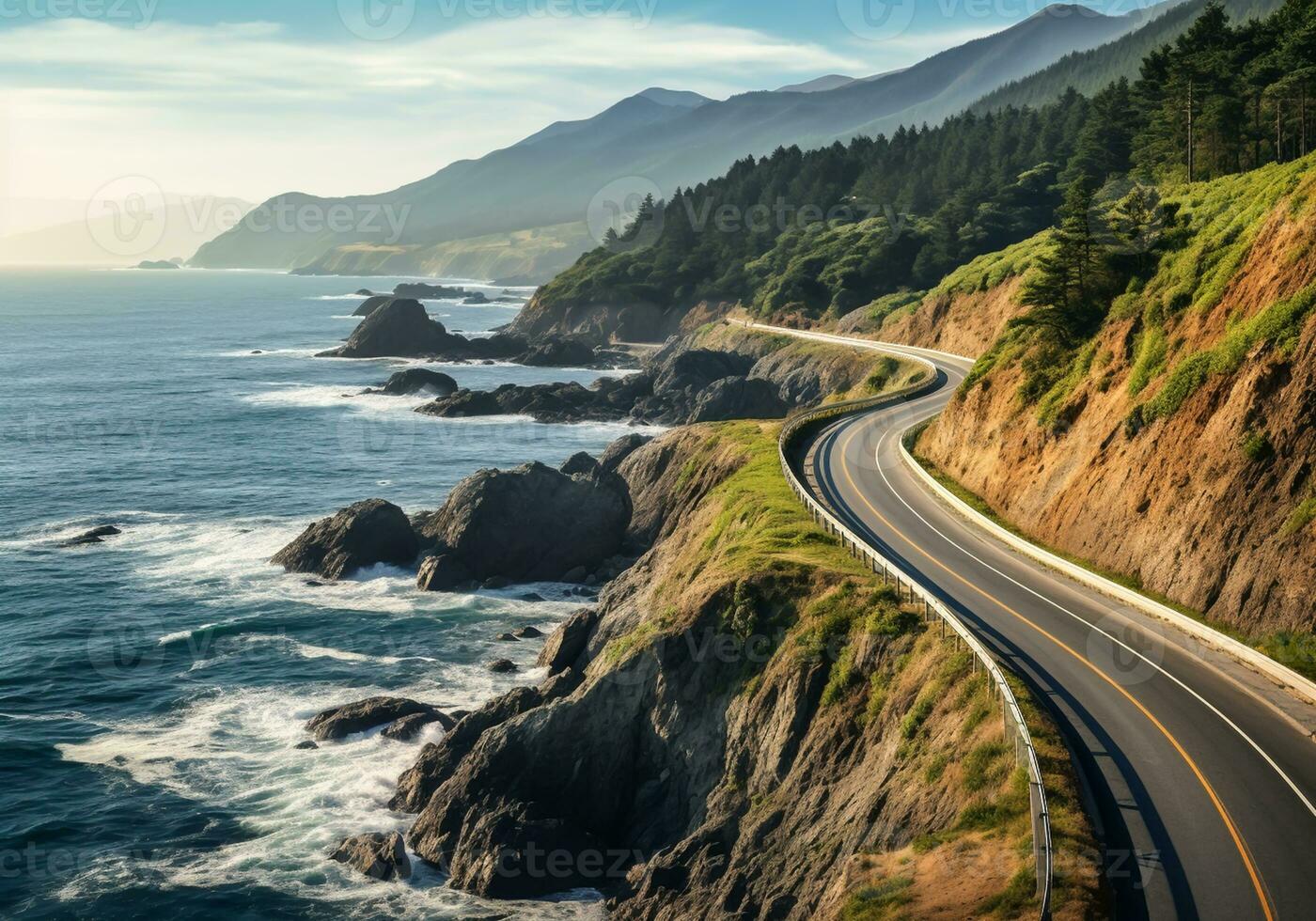 AI generated Road landscape in the mountains, next to the sea. photo