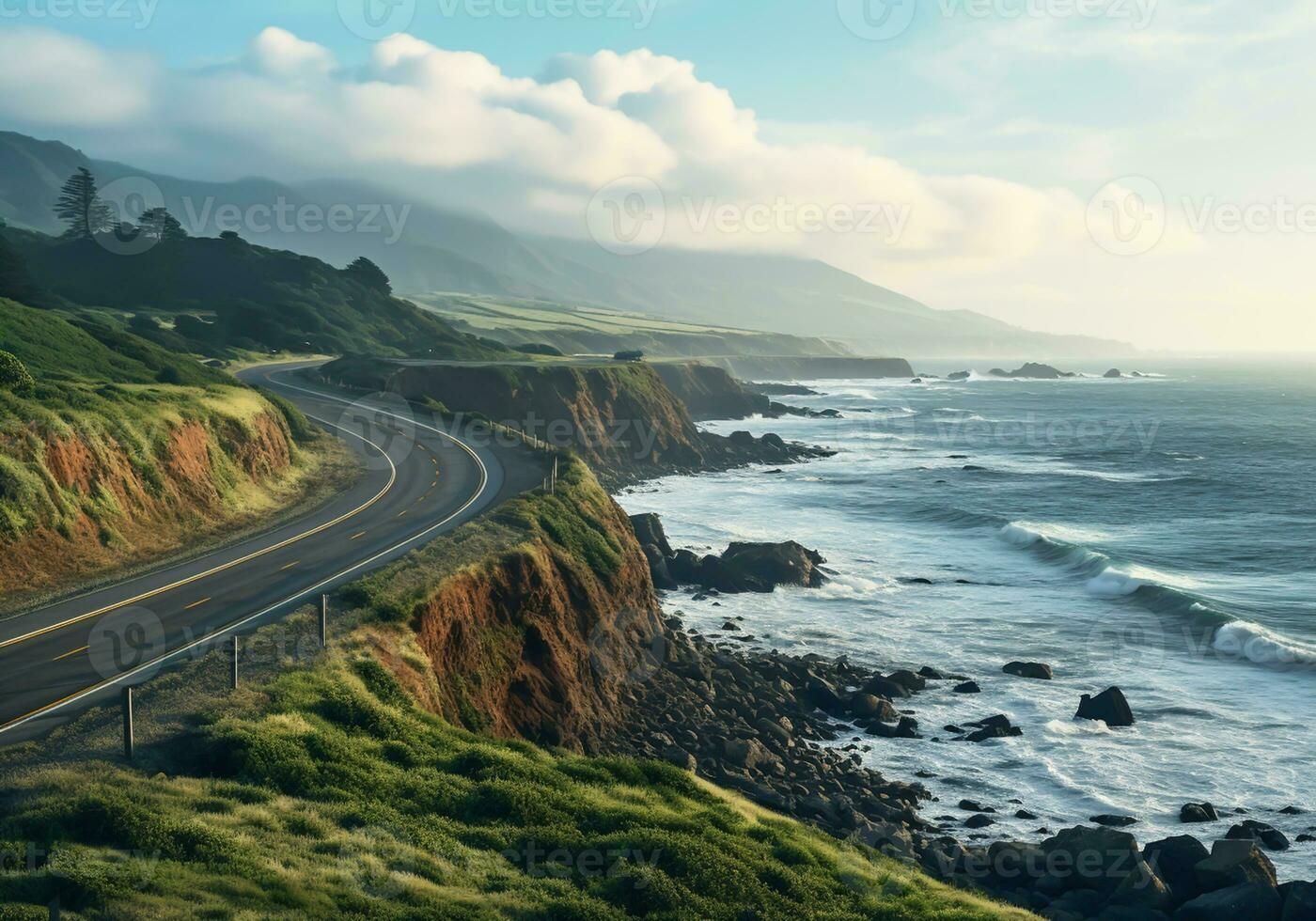 AI generated Road landscape in the mountains, next to the sea. photo