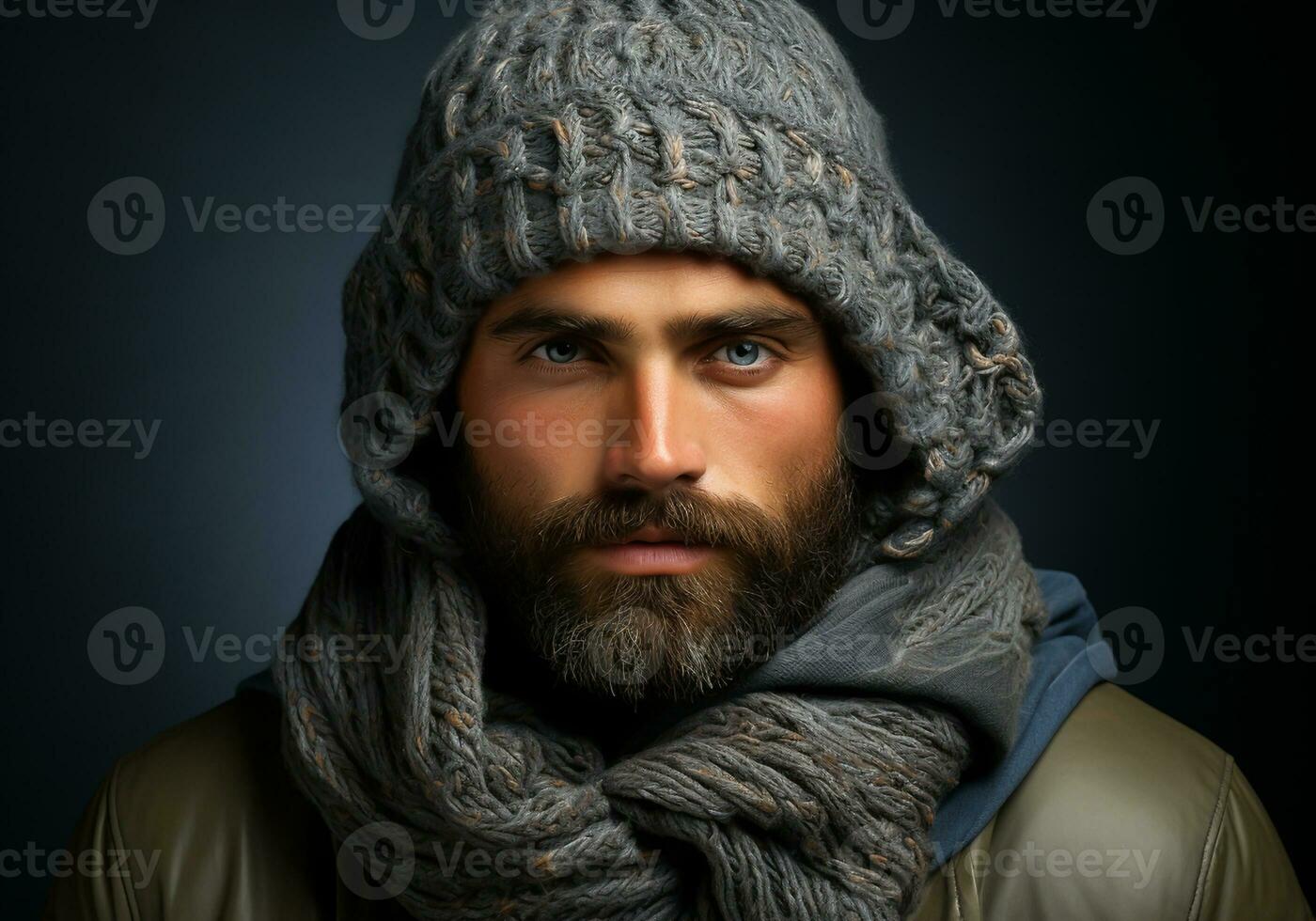 AI generated Man dressed warmly in a woolen hat and scarf. Winter time. Studio photo. AI generated photo