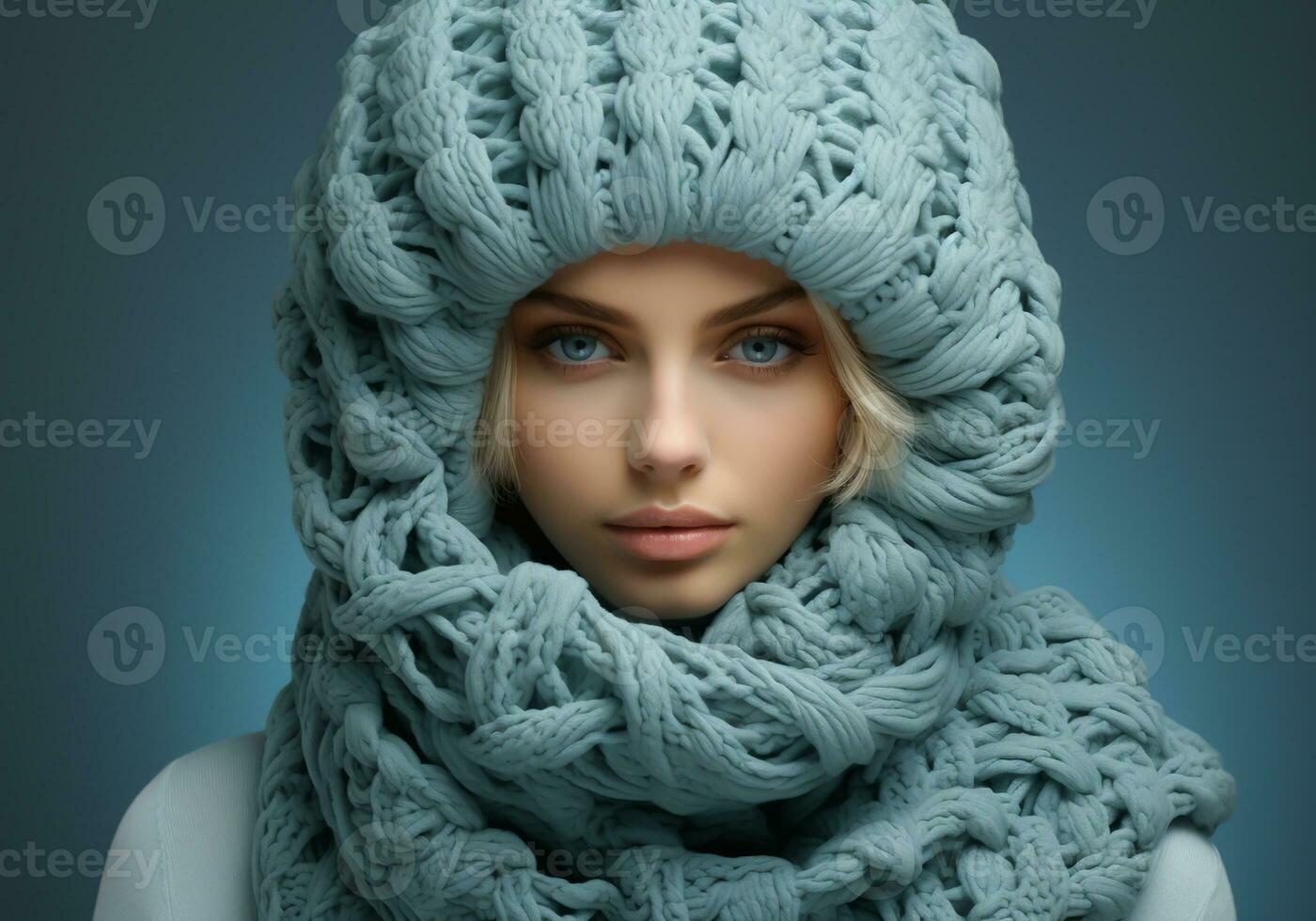 AI generated Woman dressed warmly in a woolen hat and scarf. Winter time. Studio photo. photo