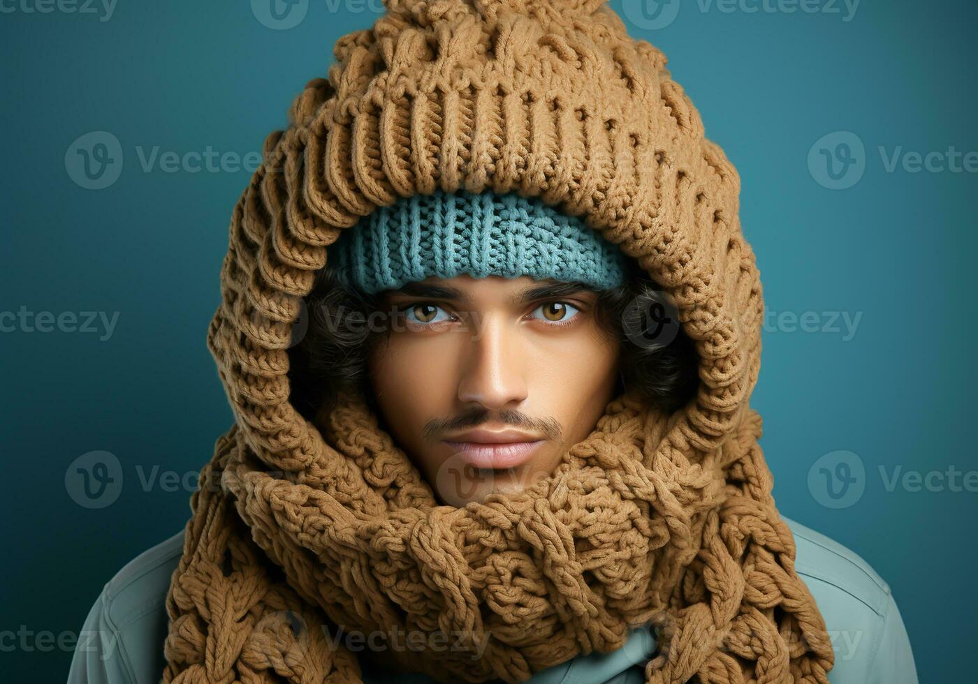 AI generated Man dressed warmly in a woolen hat and scarf. Winter time. Studio photo. AI generated photo