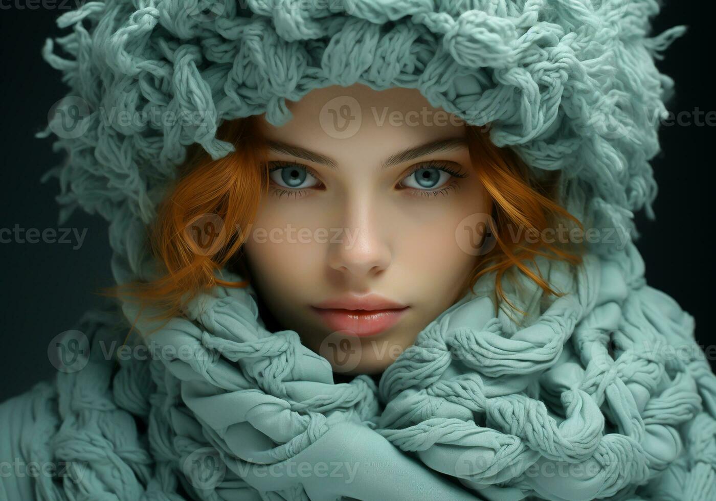 AI generated Woman dressed warmly in a woolen hat and scarf. Winter time. Studio photo. photo