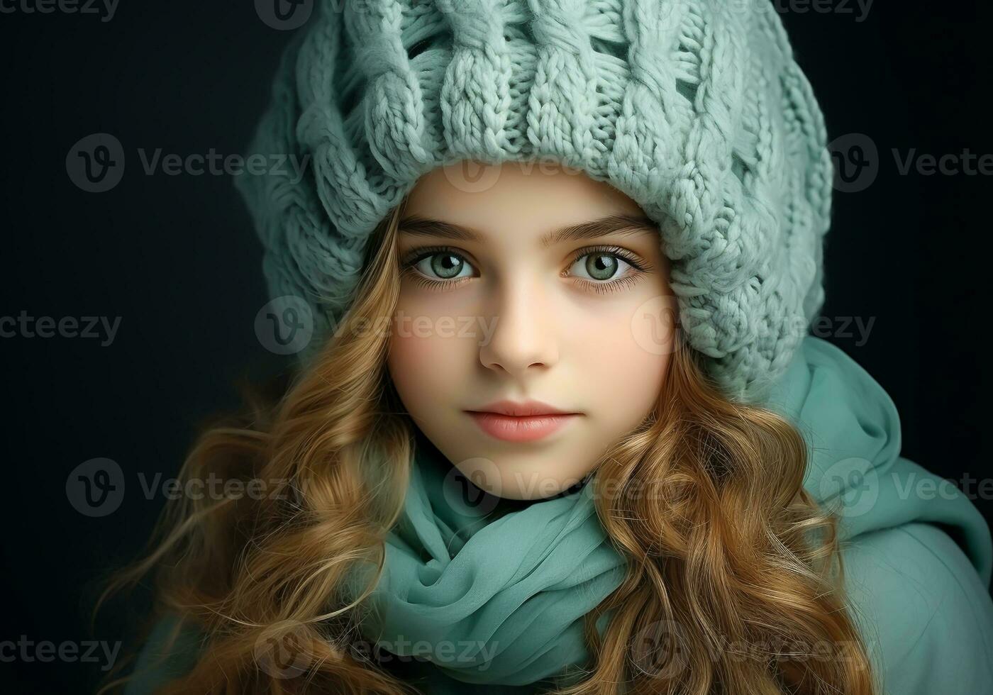 AI generated Child dressed warmly in a woolen hat and scarf. Winter time. Studio photo