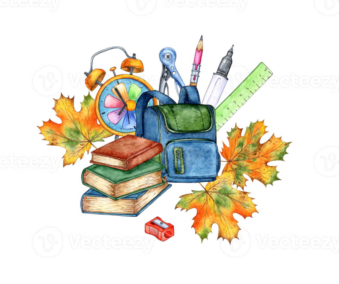 Watercolor illustration of a book, backpack, alarm clock, pencils, rulers, compass, sharpener, autumn leaves. September 1. Back to school. School supplies. School poster, sticker, greeting card, png