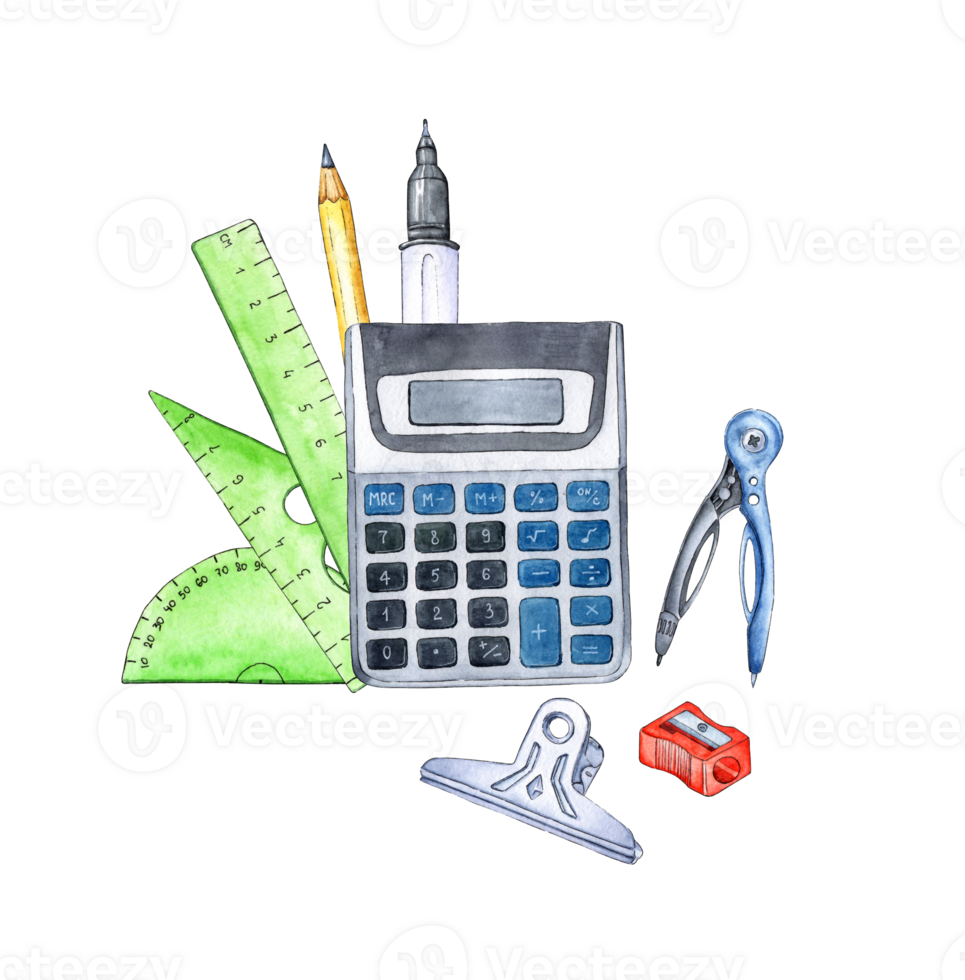 Watercolor illustration of a set of physics and mathematics calculator, pen, rulers, pencil, compass, sharpener, clip. School, university. Education, knowledge, science. Isolated . drawn by hand. png