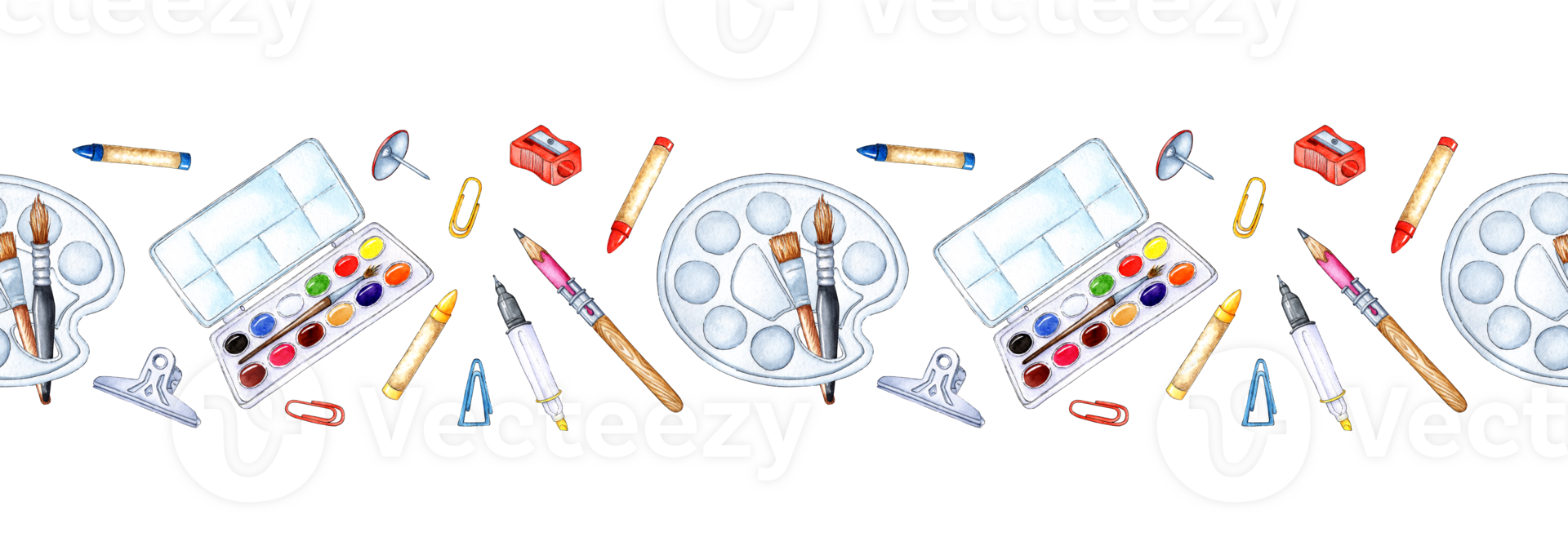 Watercolor illustration pattern horizontal palette, paints, brushes, pencils, sharpener, stationery. Back to school. Education concept isolated . hand drawn. png