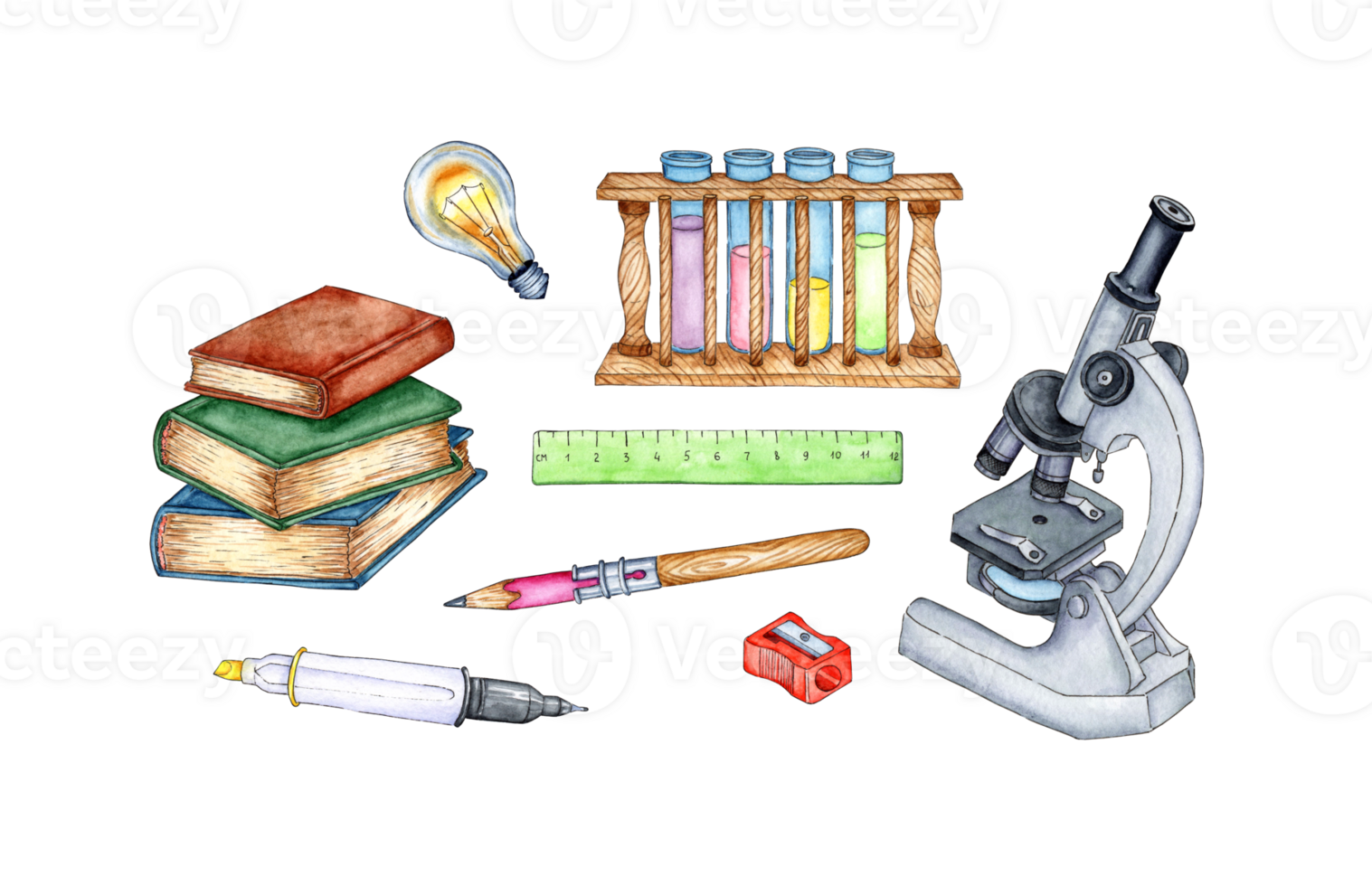 A set of watercolor illustrations for chemistry lessons. Chemical laboratory. Chemical equipment. Microscope, flask, test tube, books, ruler, pencil, light bulb, sharpener, pen. For stickers, cards, png