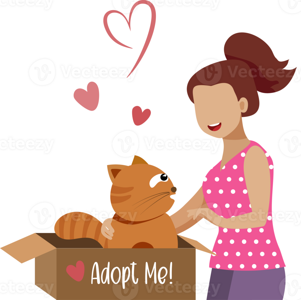 Pet adoption and animal shelter concept. Woman in love with ginger cat in adopt me box. png