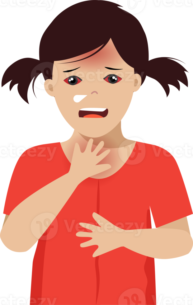 Kid girl suffering from fever, sore throat and red eyes. Child sickness, medical and health care. png