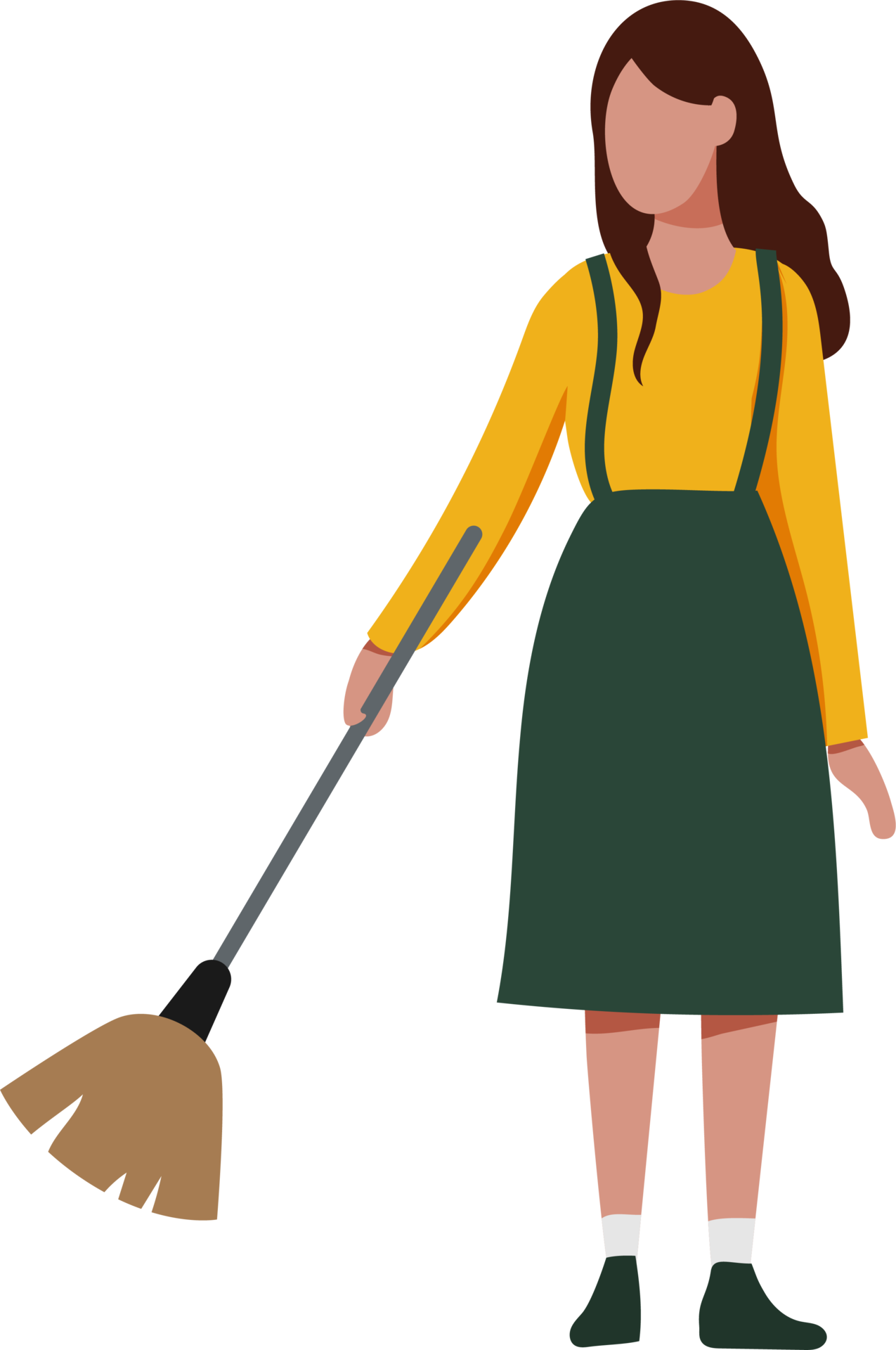 Woman holding broom sweeping floor. Cleaning and household chores. PNG
