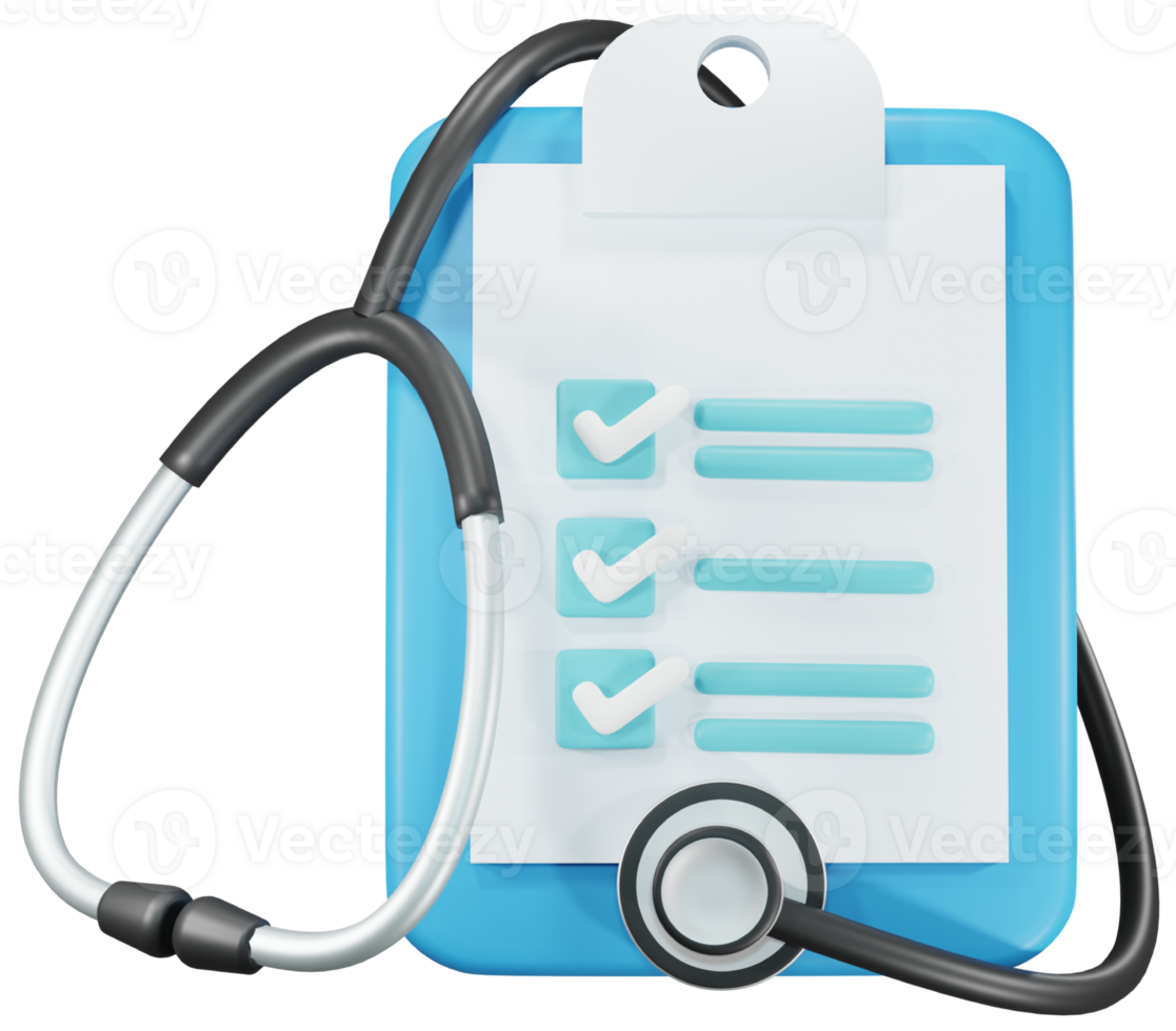 Medical check list board with health check up list and stethoscope wrapped around. 3D cartoon character. png