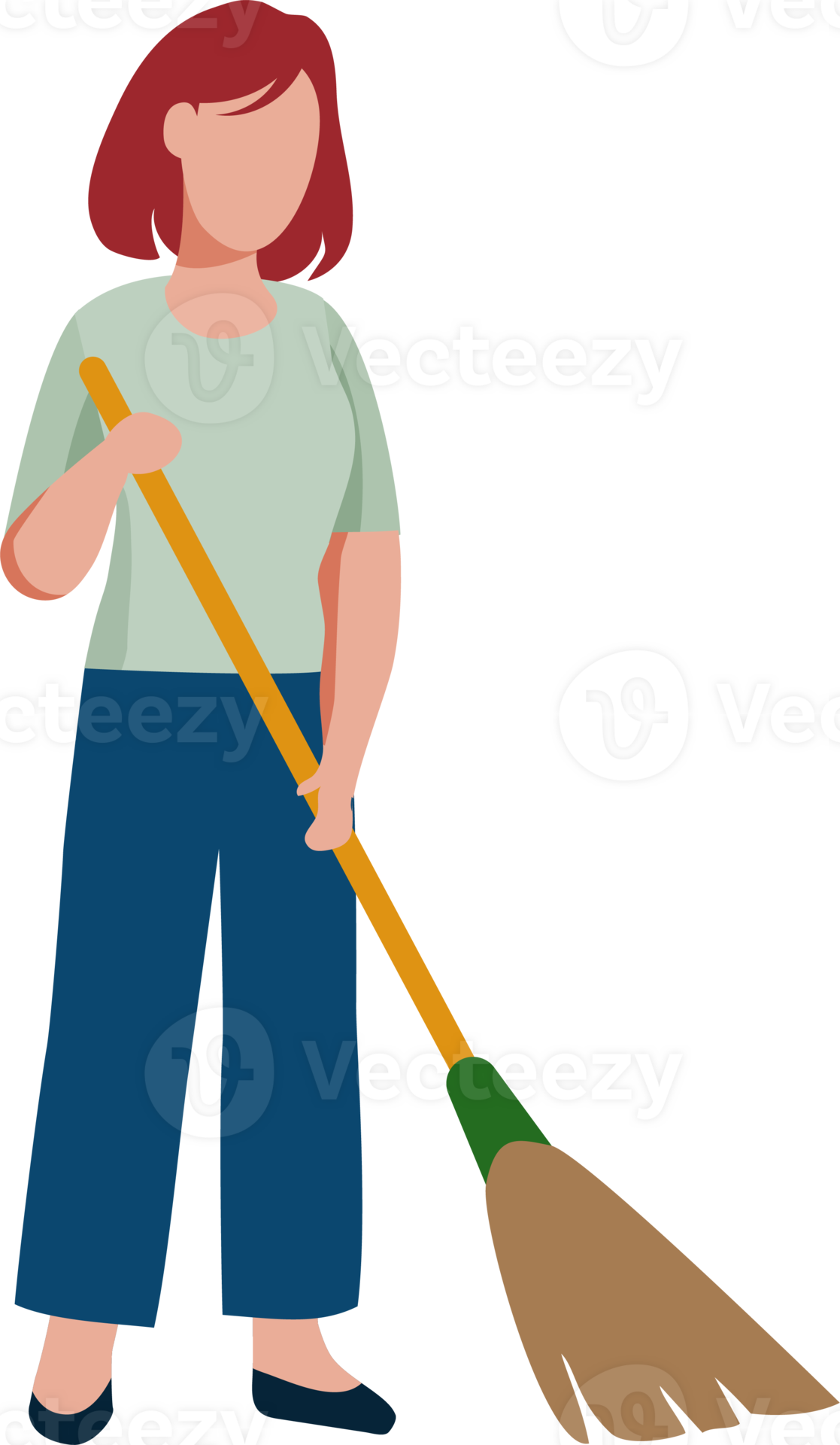 Woman holding broom sweeping floor. Cleaning and household chores. PNG