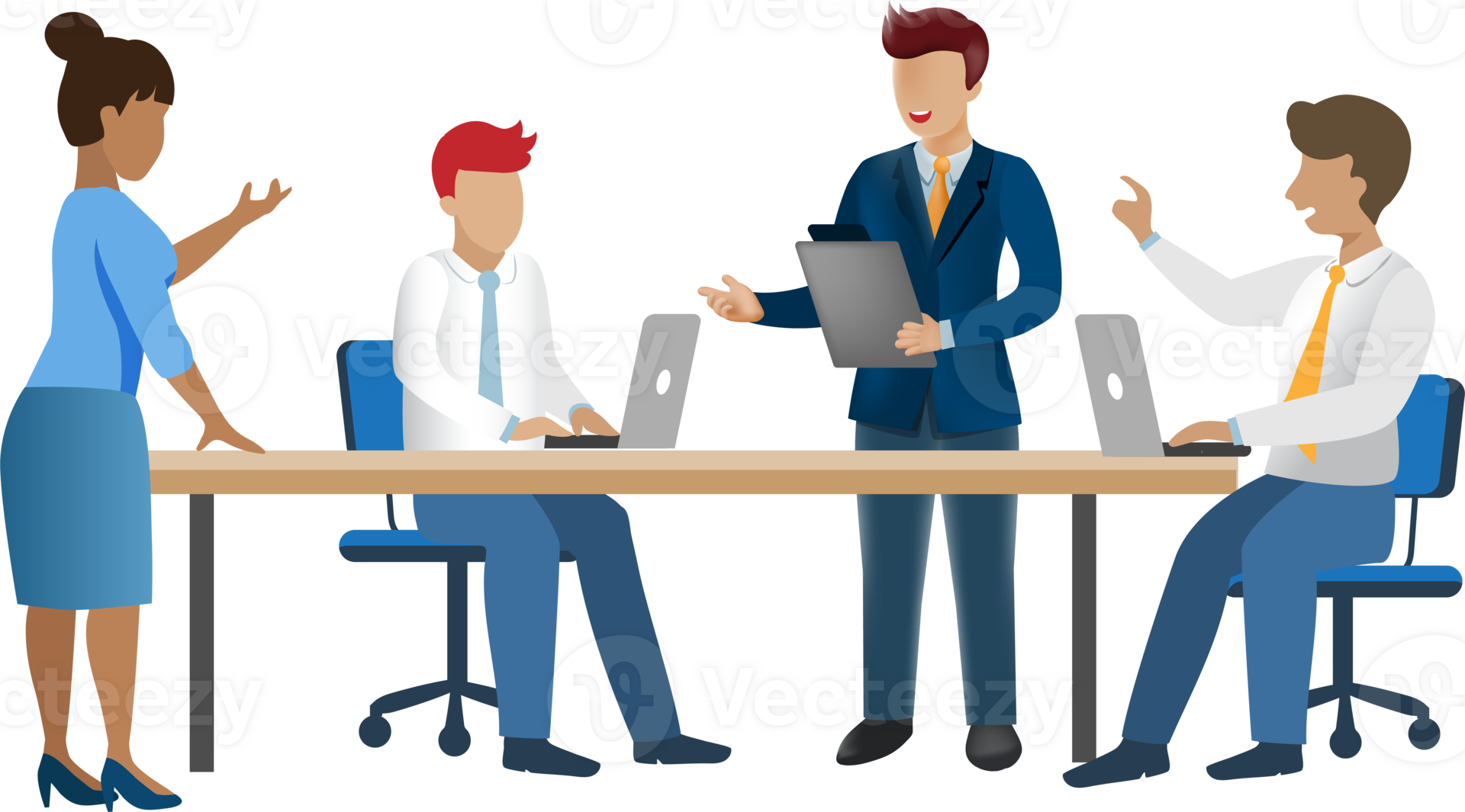 Businessmen team brainstorming and discussing at office meeting. Flat