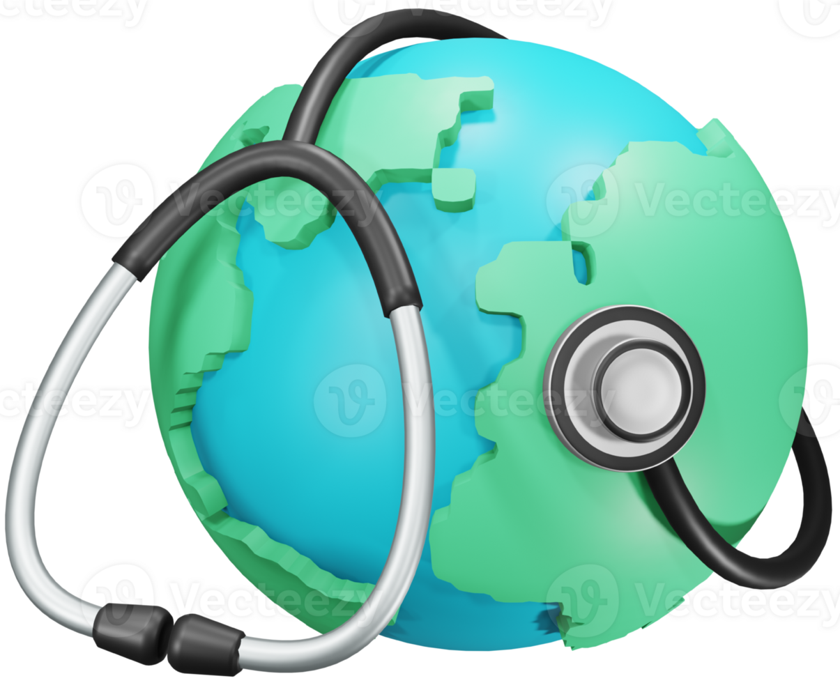 Stethoscope on globe. World health, World environment, earth day or save the planet concept. 3D PNG