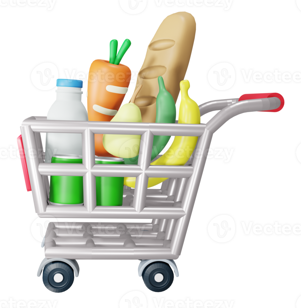 Grocery foods and drinks in shopping trolley cart. 3D PNG. 35592458 PNG