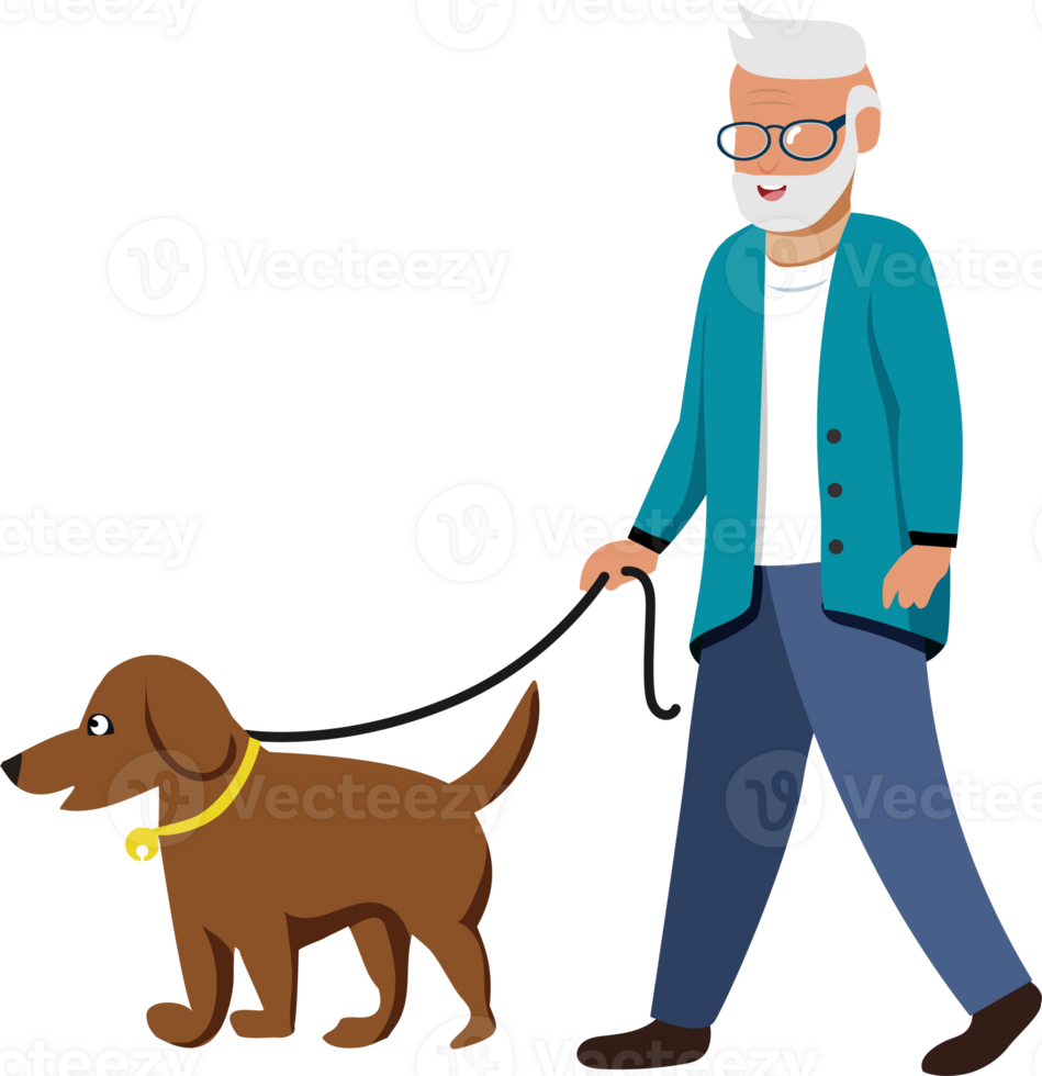 Senior man walking with dog on street. Exercising for elderly for healthy aging and wellbeing. png