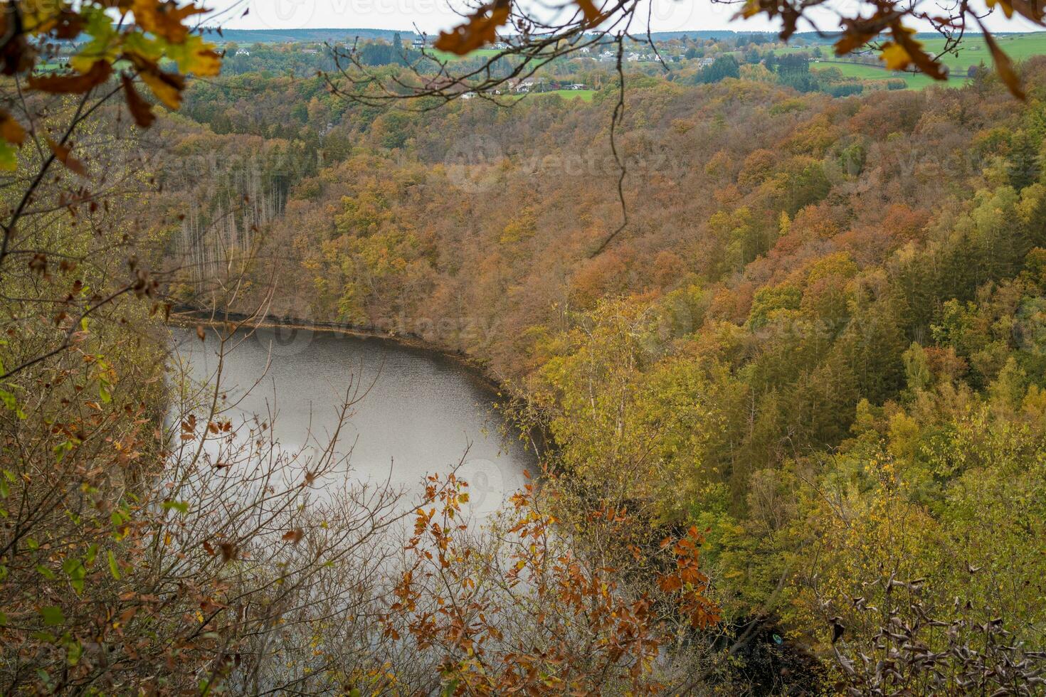 High angle panorama view on the landscape of Parc naturel des deux Ourthes during autumn in the Ardennes of Wallnia, Belgium. photo