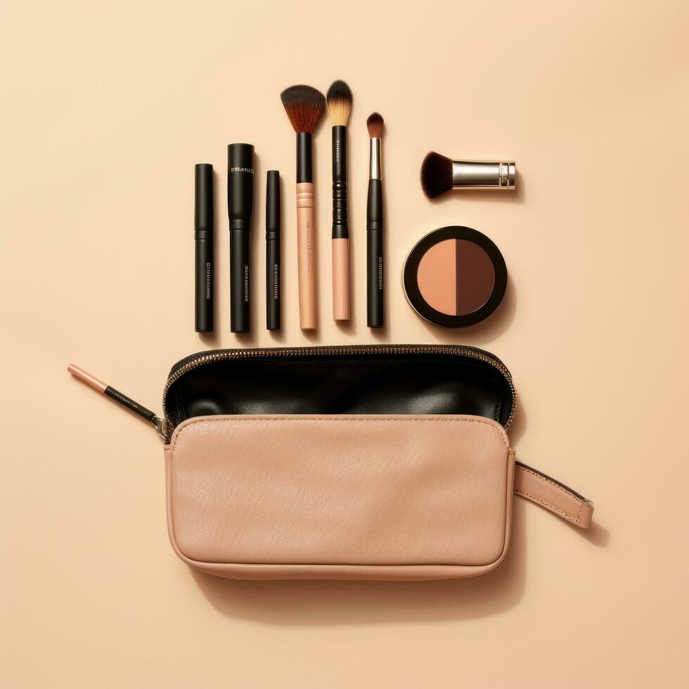 AI generated makeup pouch with carefully arranged products, showcasing the essentials for daily routine or travel photo