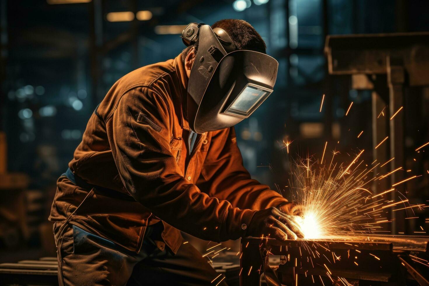 AI generated man wearing welding vest welding sparks in steel factory photo