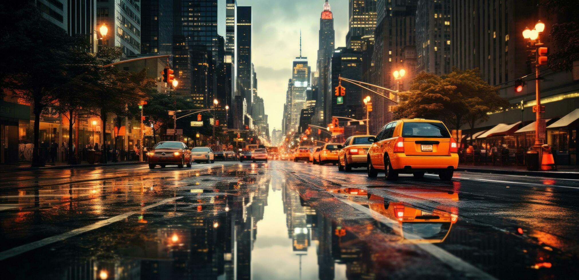 ai generado nuevo York ciudad noche Taxis paso por a noche, empapado de lluvia calles foto