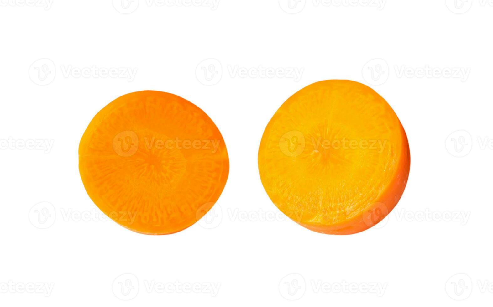 Fresh beautiful orange or yellow carrot slices isolated on white background with clippping path photo