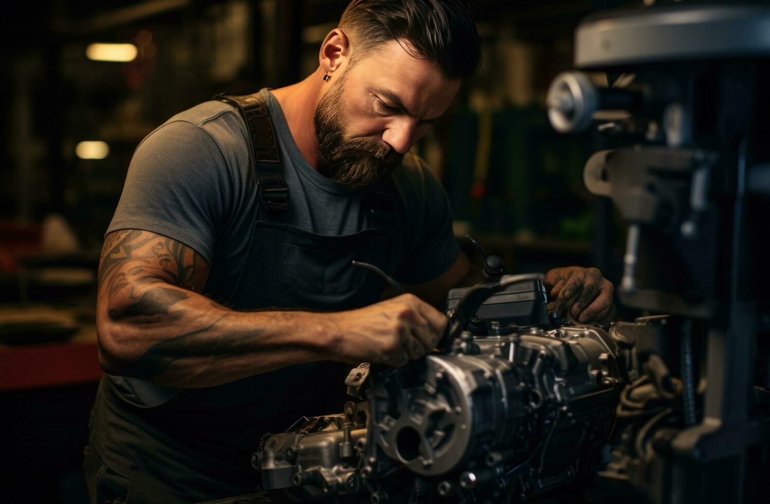 AI generated repair shop mechanic fixing the cars engine photo