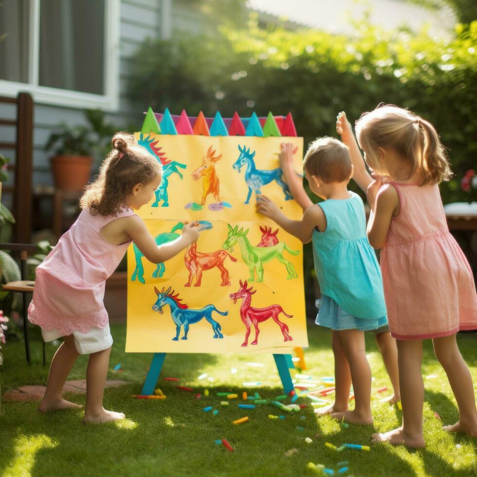 AI generated A group of kids playing fun and party games, such as pin the tail on the donkey or musical chairs photo