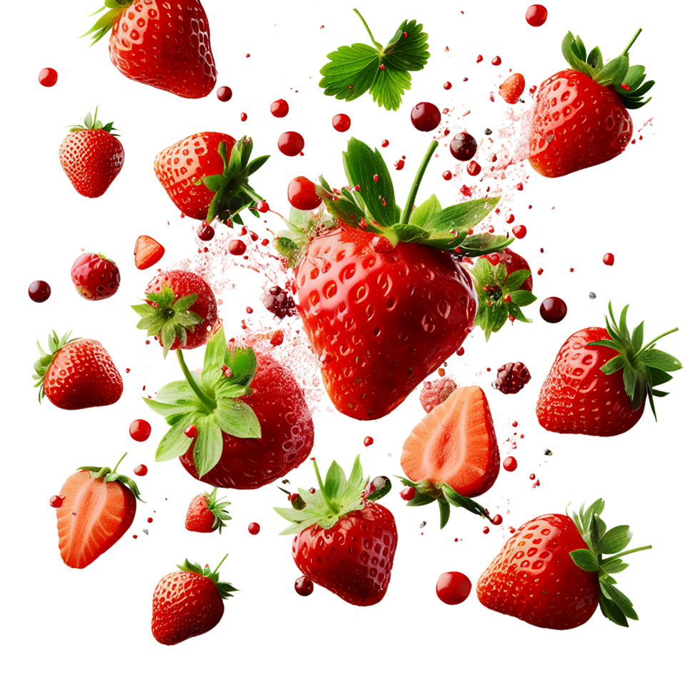 AI generated A bunch of Strawberries with leaves splashing on a transparent background png