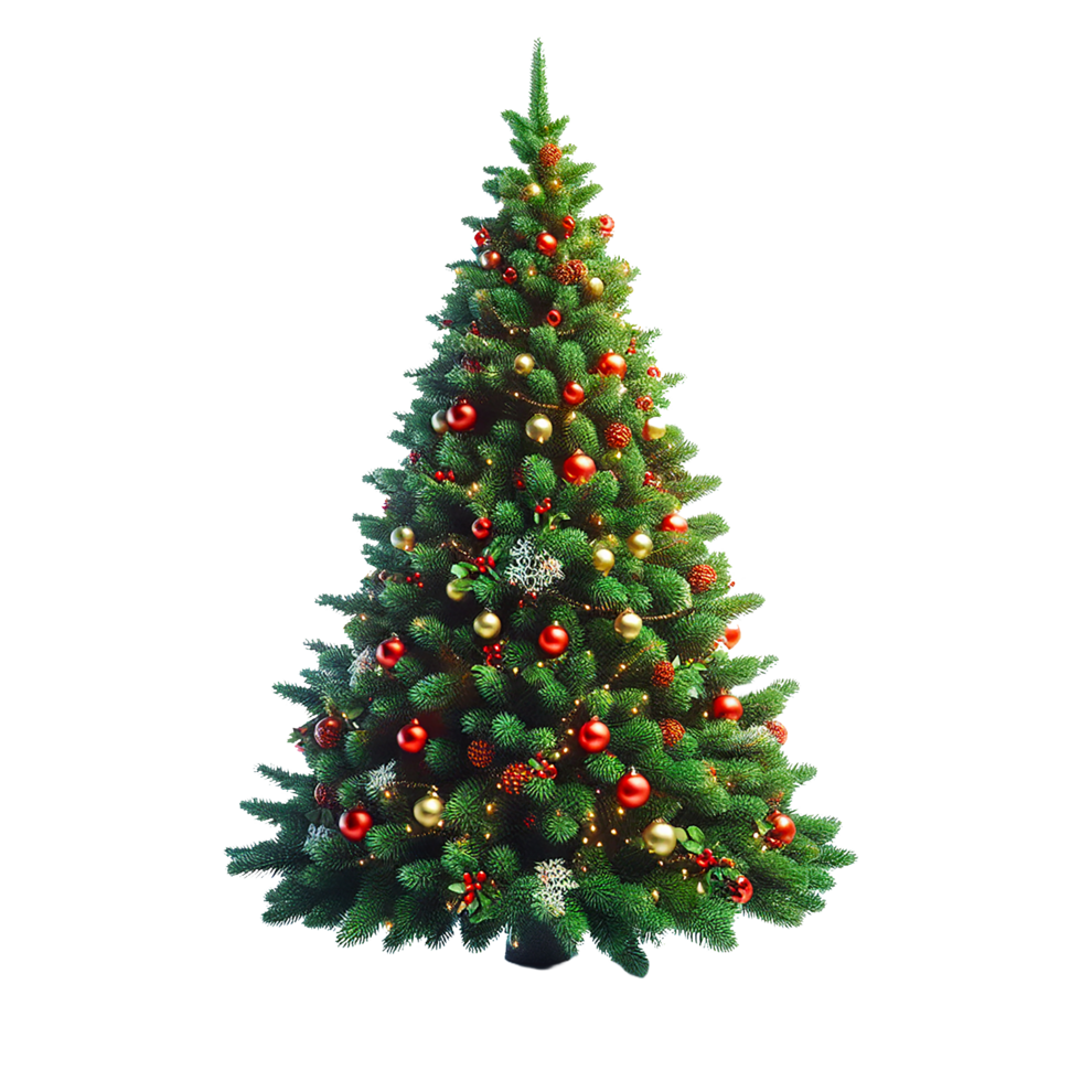 ai gegenereerd een levendig Kerstmis boom met rood en goud ornamenten png