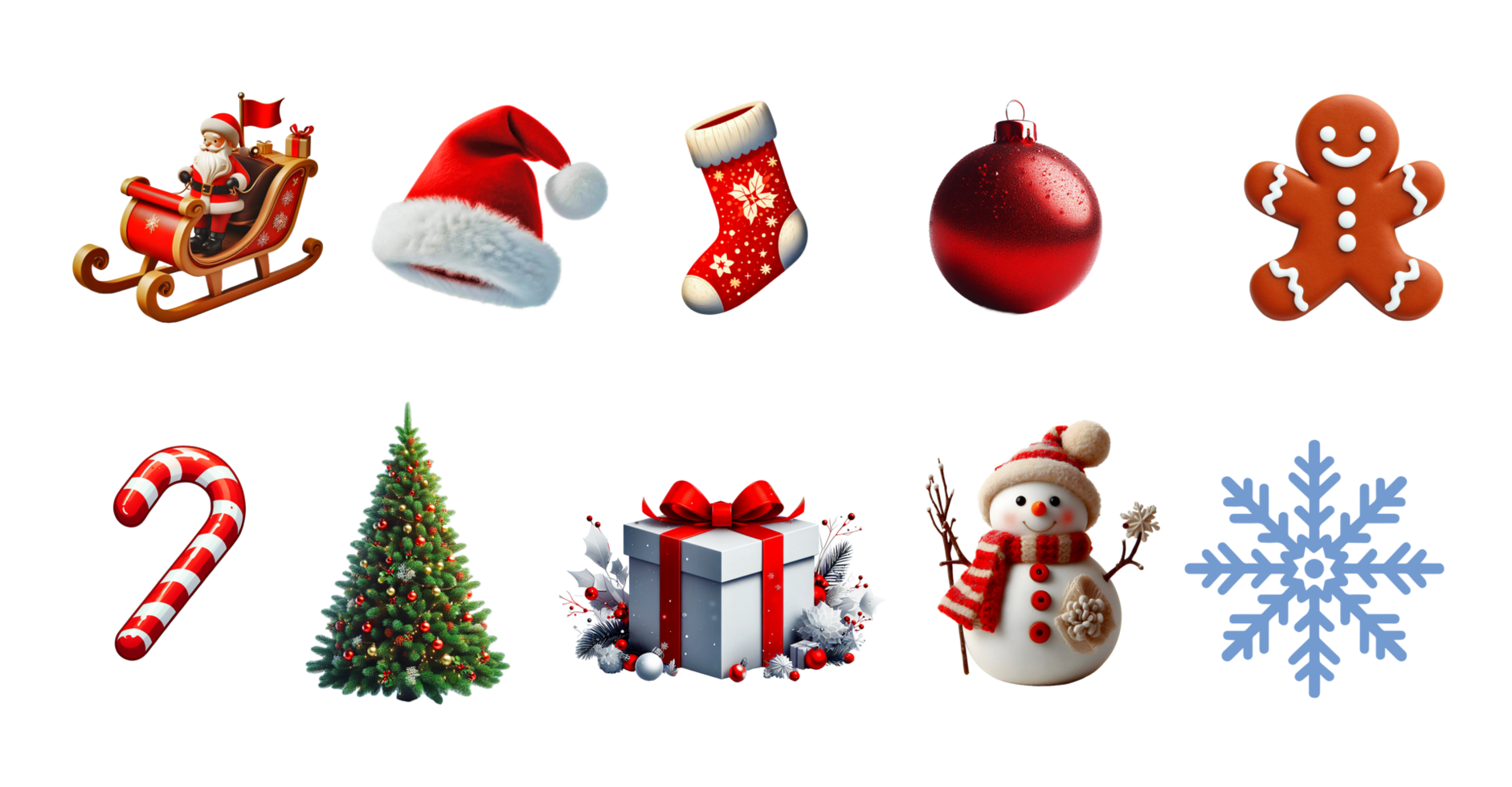 A popular set of Merry Christmas icons isolated on transparent backgrounds including bauble, Santa hat, gingerbread man, candy cane, stocking, Christmas tree, gift box, snowflakes, and sleigh png