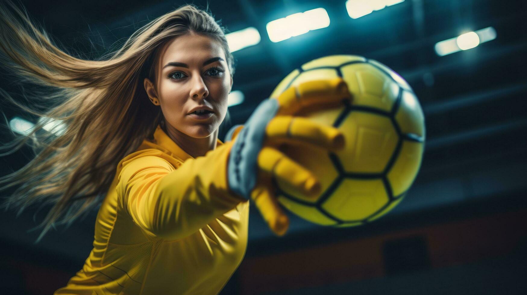 ai generado el hábil maniobra de un hembra fútbol americano portero en un vibrante amarillo traje como ella expertamente capturas el pelota foto