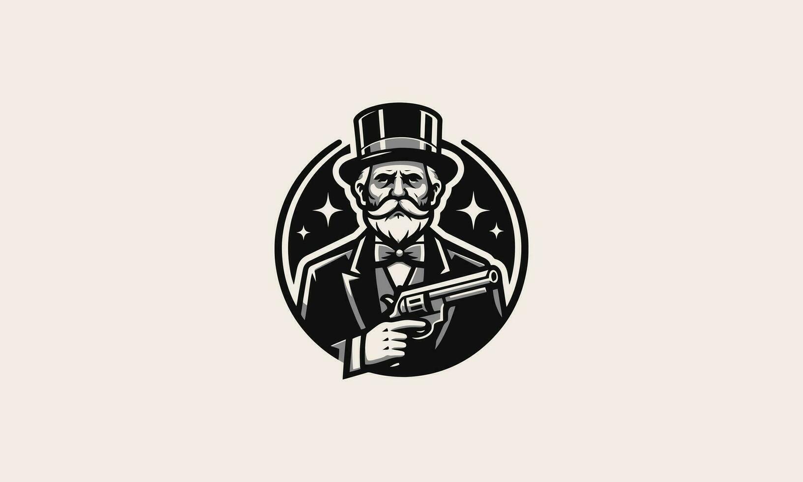 antiguo hombre vistiendo parte superior sombrero y sostener pistola vector mascota diseño