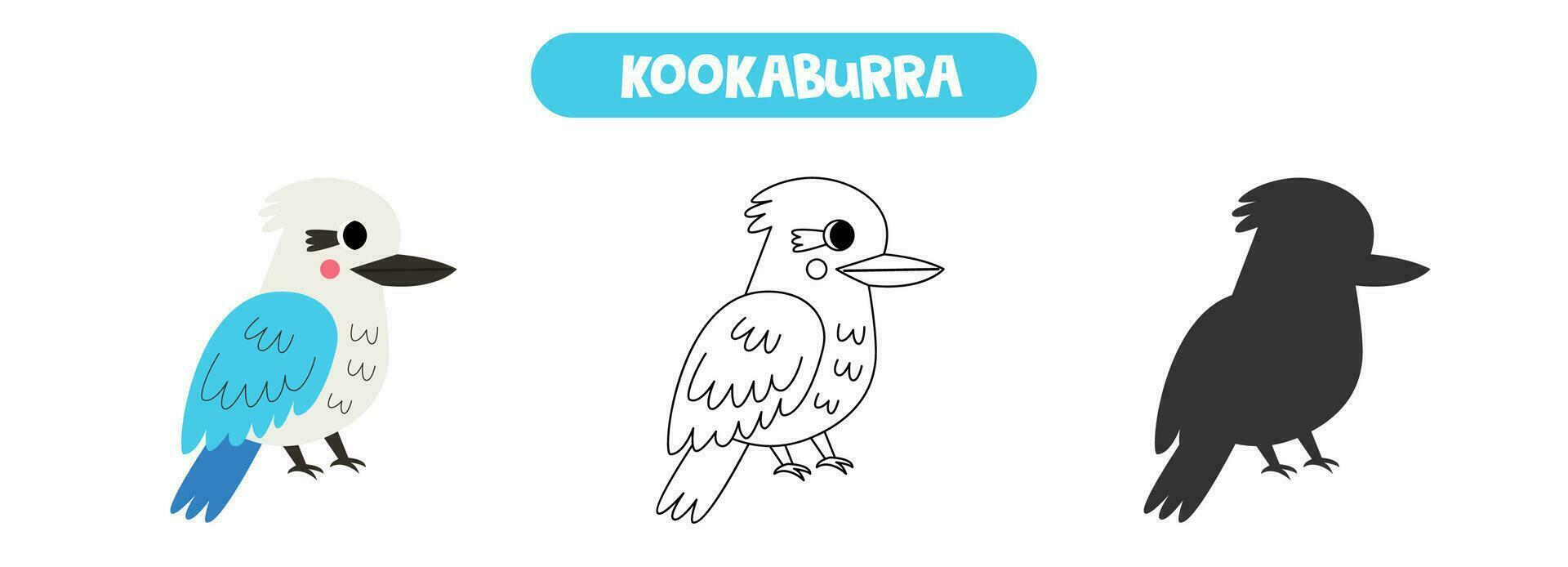 Colorful picture, black and white illustration, vector silhouette. cute cartoon kookaburra bird.