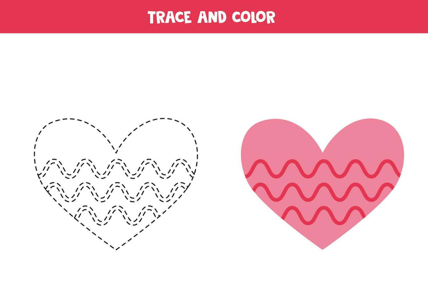 Trace and color cute flat pink heart. Worksheet for children. vector