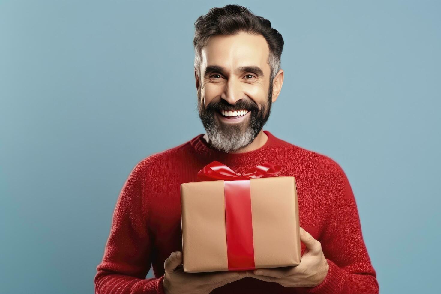 AI generated A man wearing a red t shart and holding a gift box photo