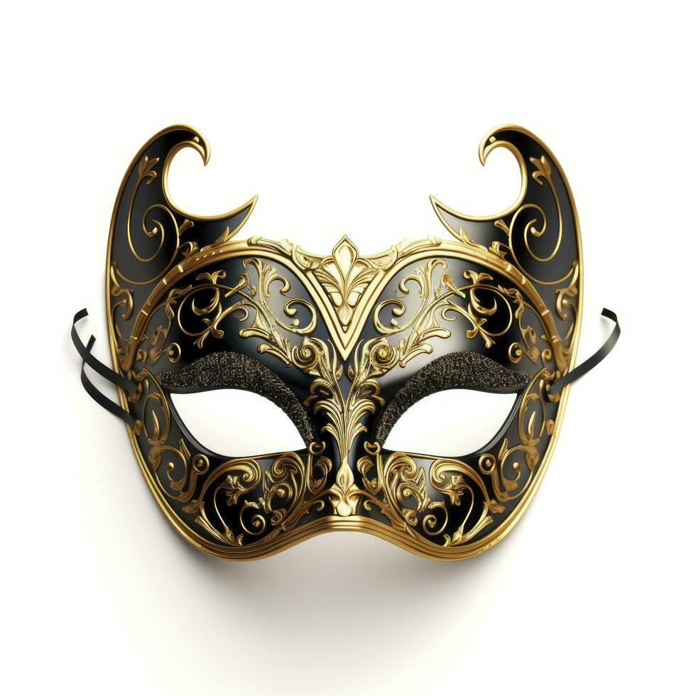 AI generated black and gold carnival mask on white background photo