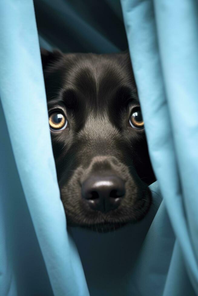 AI generated Black dog peeking from behind sky blue curtain photo
