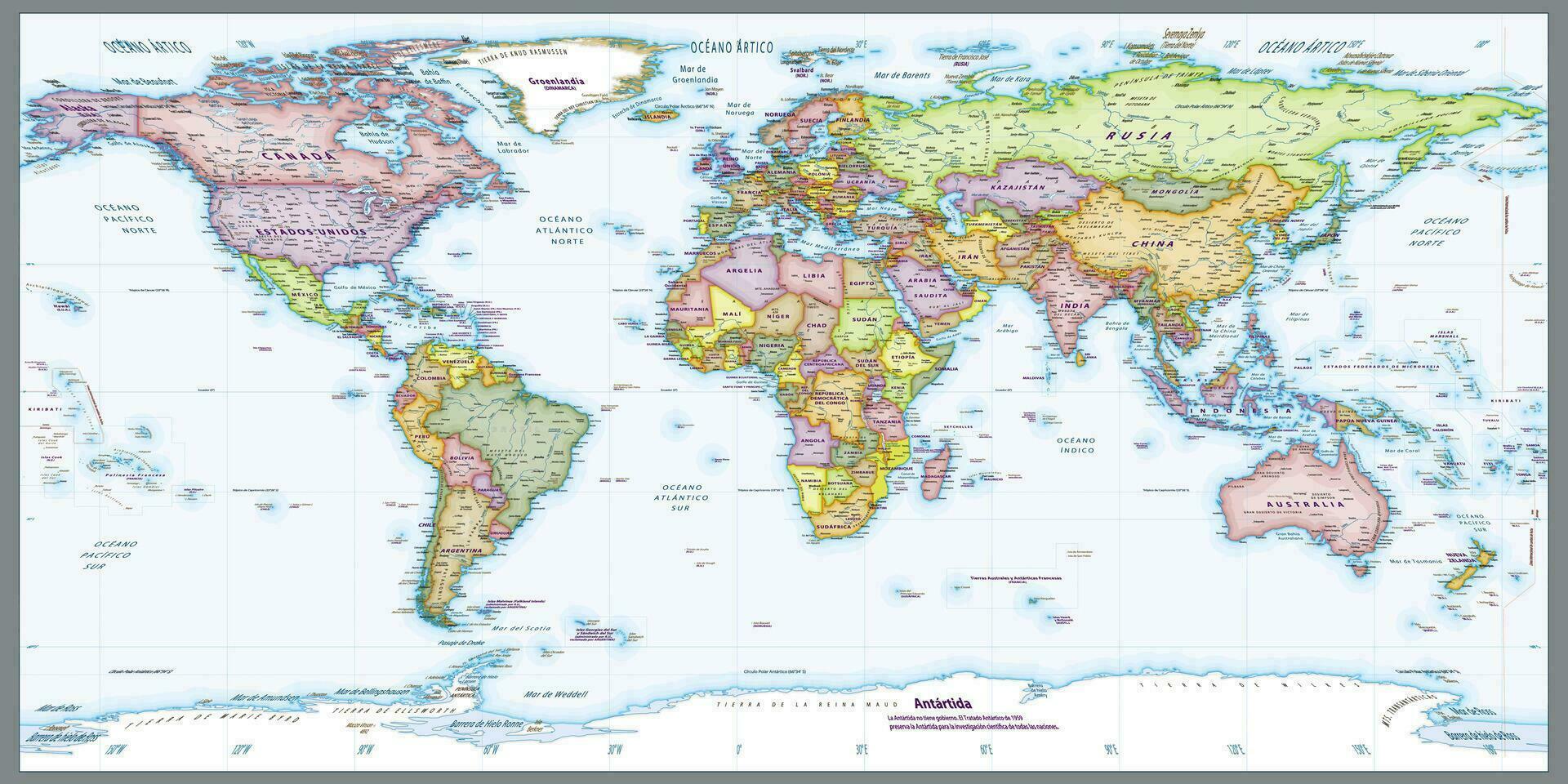 Spanish language Political world map Equirectangular projection vector