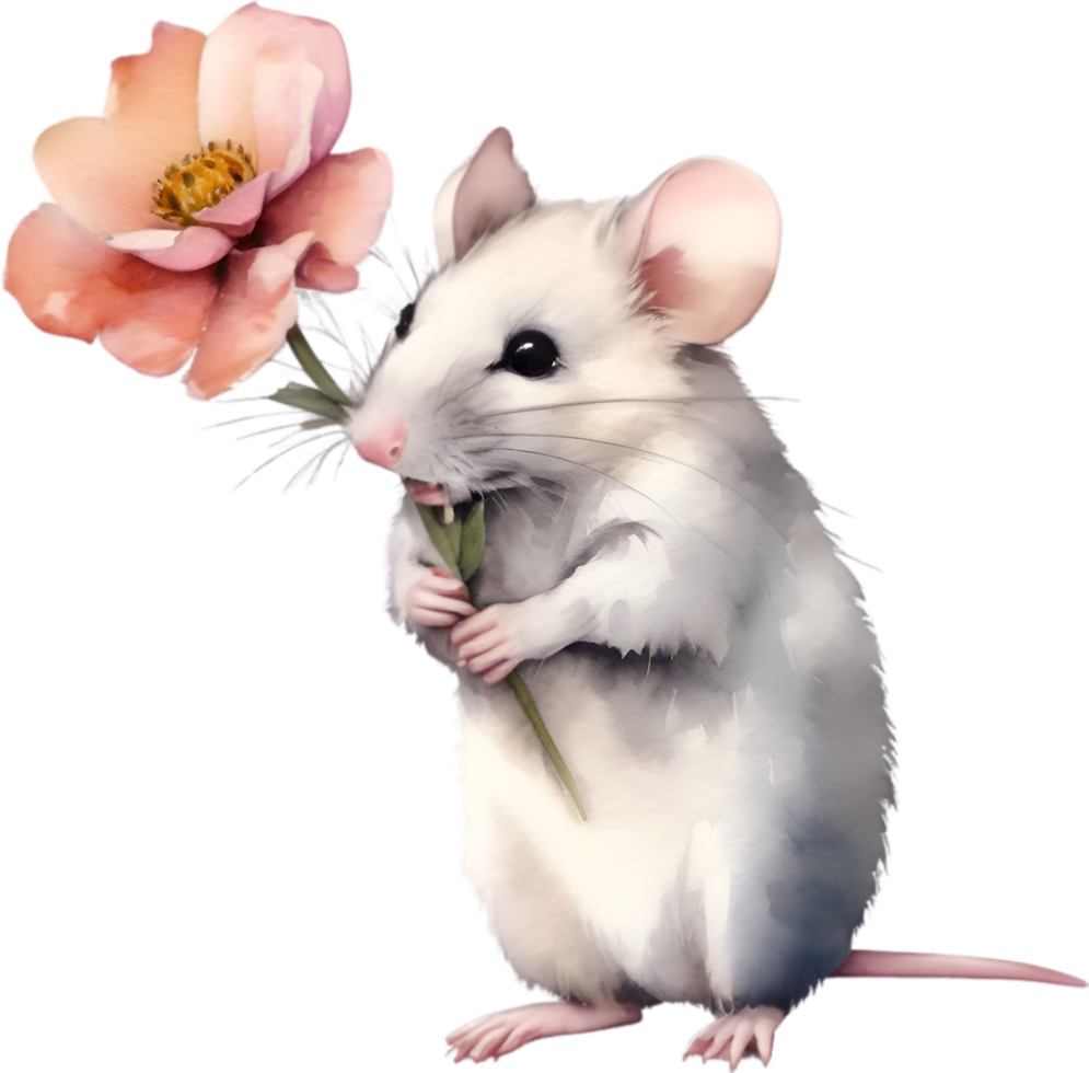 AI generated Watercolor cute mouse with flower. Ai-Generated. png