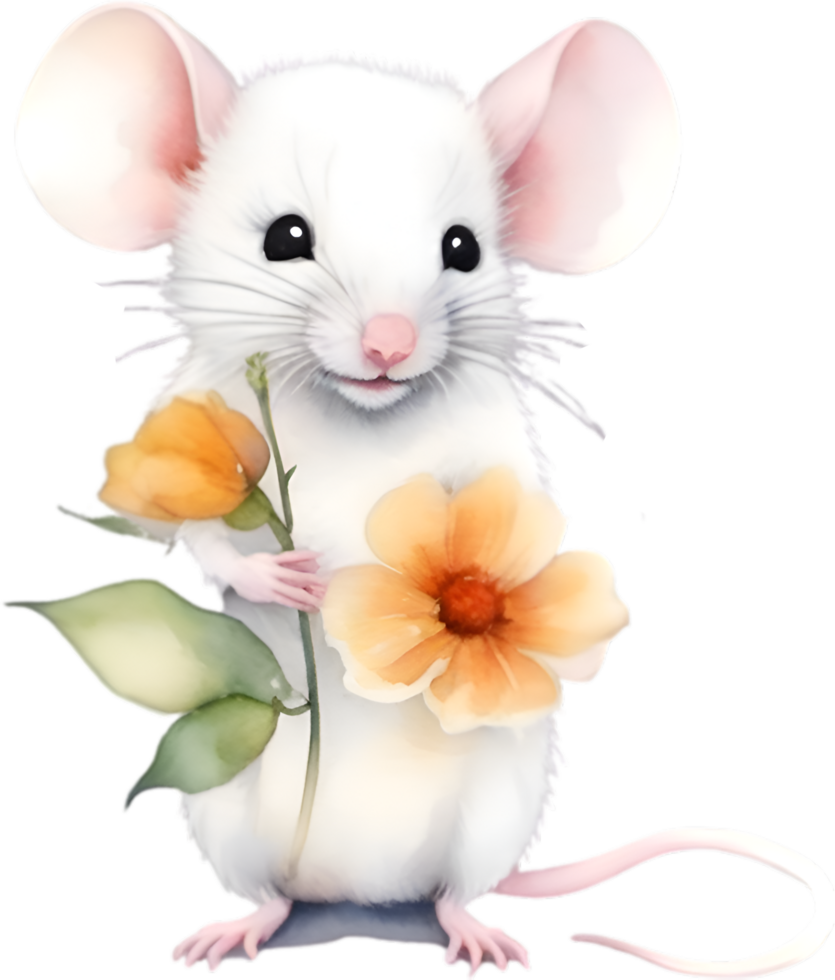 ai gegenereerd waterverf schattig muis met bloem. ai-gegenereerd. png